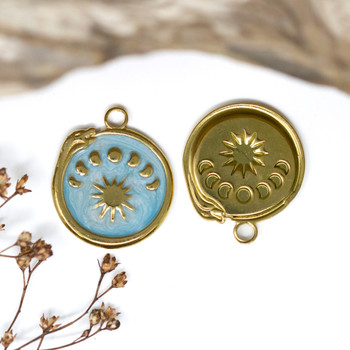 Gold Plated Stainless Steel Enamel 23x20mm Blue Snake Moon Sun Charm