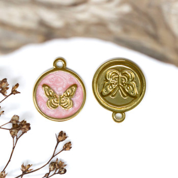Gold Plated Stainless Steel Enamel 15mm Pink Butterfly Charm