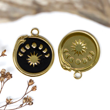 Gold Plated Stainless Steel Enamel 23x20mm Black Snake Moon Sun Charm