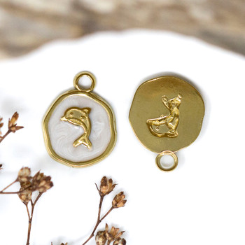 Gold Plated Stainless Steel Enamel 13mm White Dolphin Charm