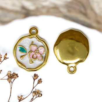 Gold Plated Stainless Steel Enamel 19mm Pink & White Flower Charm