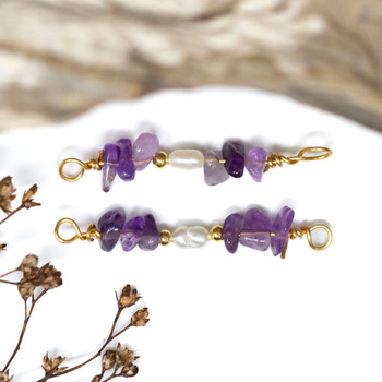 Amethyst & Freshwater Pearl Polished 34x5mm Wire Wrapped Link