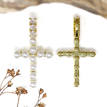 Gold Plated Micro Pave 42x24mm Shell Pearl Cross Pendant