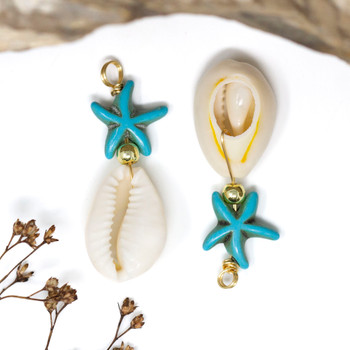 Gold Wire Wrapped 43x15mm Cowrie Shell & Turquoise Magnesite StarfishPendant