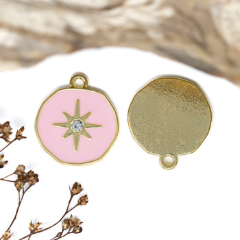 Gold Plated Enamel 21mm Pink CZ Star Coin Charm