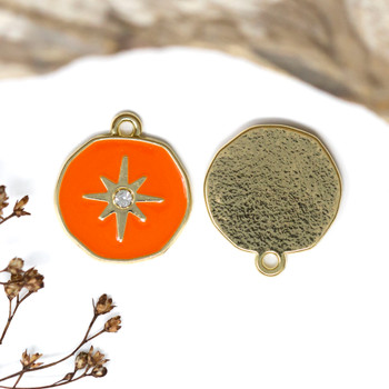 Gold Plated Enamel 21mm Orange CZ Star Coin Charm