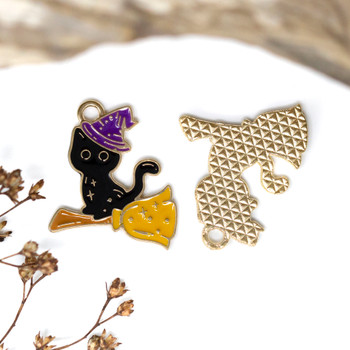 Gold Plated Enamel 19mm Cat on a Broomstick Charm