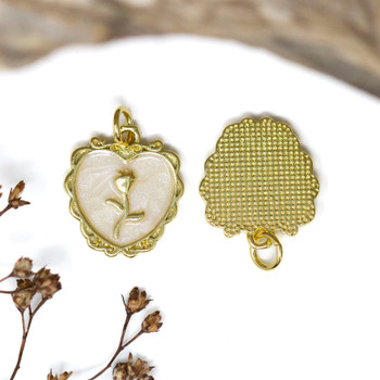 Gold Plated Enamel 15mm White Heart Rose Charm