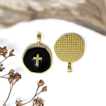Gold Plated Enamel 13.5mm Black Cross Coin Charm
