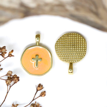 Gold Plated Enamel 13.5mm Orange Cross Coin Charm