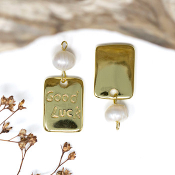 Gold Plated 12x28mm Good Luck & Freshwater Pearl Charm