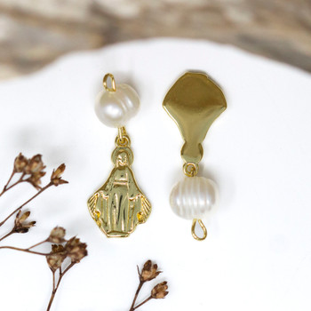Gold Plated 7x26mm Virgin Mary & Freshwater Pearl Charm