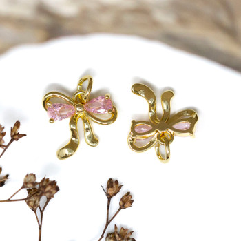 Gold Plated 12mm Pink CZ Bow Charm