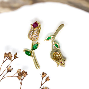 Gold Plated Micro Pave 28x9mm Red Rose Charm