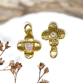 Gold Plated Micro Pave 11mm 4 Petal Flower Charm