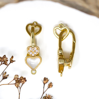 Gold Plated Micro Pave Polished White Heart Shell Fold Over Clasp