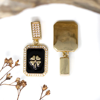 Gold Plated Micro Pave Enamel 29x13mm Black Rectangle 4 Leaf Clover Charm