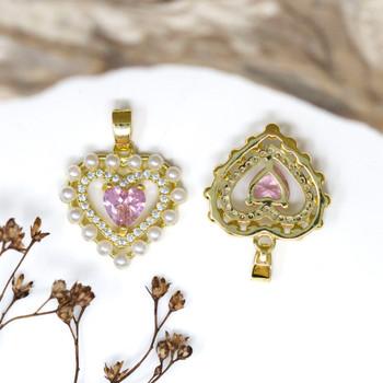 Gold Plated Micro Pave Imitation Pearl 18mm Pink Heart Charm