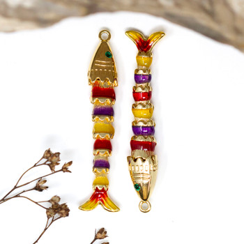 Gold Plated Enamel 45x6mm Multi Colored Sardine Fish Charm