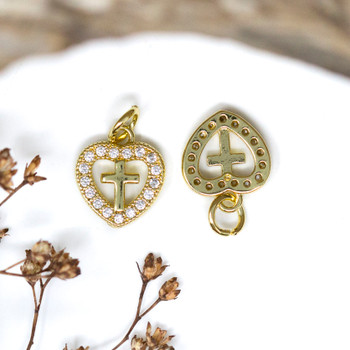 Gold Plated Micro Pave 12x10mm Cross in Open Heart Charm