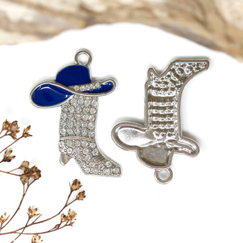 Silver Plated Micro Pave 24x34mm Royal Blue Cowboy Boot & Hat Charm