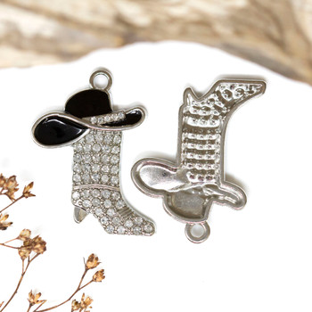 Silver Plated Micro Pave 24x34mm Black Cowboy Boot & Hat Charm