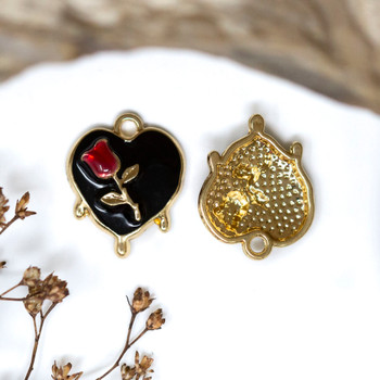 Gold Plated Enamel 19x15mm Black Melting Heart with Rose Charm
