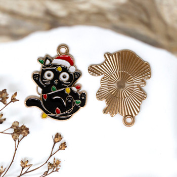 Gold Plated Enamel Alloy 25mm Xmas Light Kitten Charm