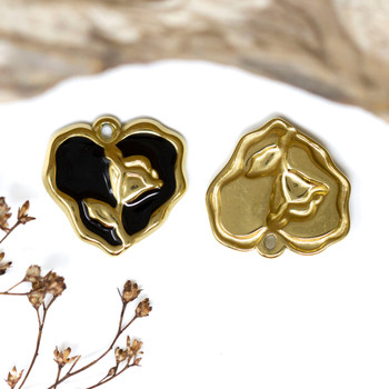 Gold Plated Stainless Steel Enamel 22mm Black Heart Rose Charm