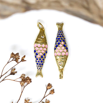Gold Plated Enamel 25x8mm CZ Navy Pink Fish Charm