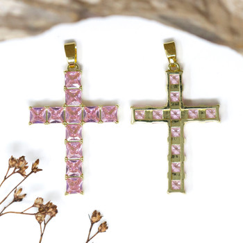 Gold Plated Micro Pave 23x32mm Pink Cross Charm