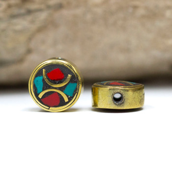 Turquoise & Coral Brass Inlaid 10mm Coin Bead