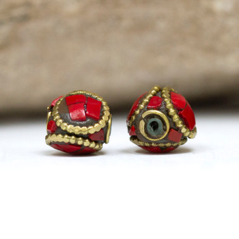Red Coral 10mm Brass Inlaid Faceted Round Bead