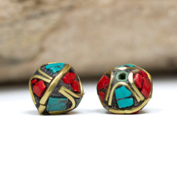 Turquoise & Coral Brass Inlaid 10mm Bicone Bead
