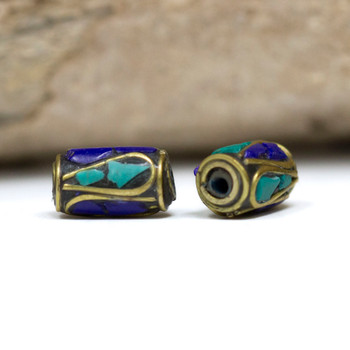 Turquoise & Lapis 12x7mm Brass Inlaid Tube Bead - Sold Individually