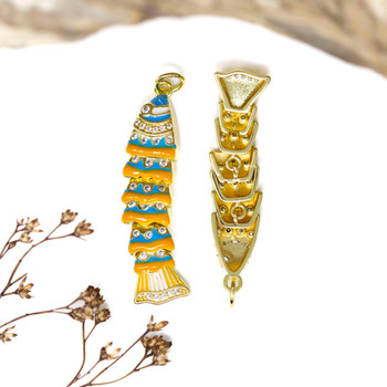 Gold Plated Enamel Micro Pave 36x8mm Blue and Orange Sardine Fish Charm