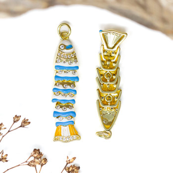 Gold Plated Enamel Micro Pave 36x8mm Blue and White Sardine Fish Charm