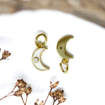Gold Plated Micro Pave Enamel 10x6mm CZ White Enamel Moon Charm