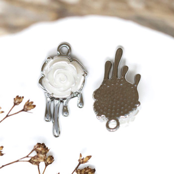 Silver Plated Resin Alloy 24x13mm White Rose Charm