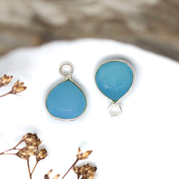 Blue Chalcedony Polished Sterling Silver 8mm Faceted Briolette Charm