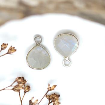 Rainbow Moonstone Polished Sterling Silver 8mm Faceted Briolette Charm