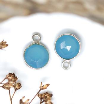 Aqua Chalcedony Polished Sterling Silver 8mm Faceted Coin Charm