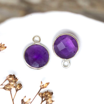 Amethyst Polished Sterling Silver 8mm Faceted Coin Charm