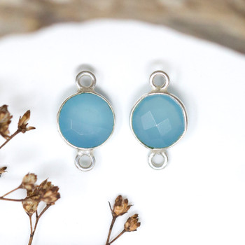 Aqua Chalcedony Polished Sterling Silver 8mm Faceted Coin Connector