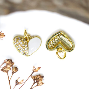 Gold Plated Enamel Micro Pave 10x12mm White Heart Charm