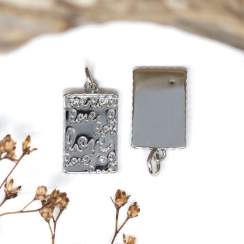 Silver Plated Micro Pave 10x17mm Love Rectangle Charm
