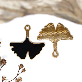 Gold Plated Enamel Alloy 22mm Black Ginkgo Leaf Charm