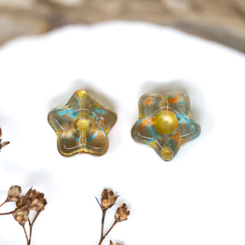 Glass 11mm Teal, Orange with Gold Finish Star Flower Beads - 20 Pieces