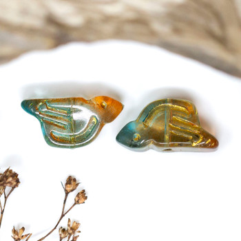 Glass 18x10mm Teal, Orange with Gold Finish Bird Beads - 20 Pieces