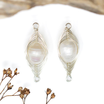 Silver Plated Polished 9x33mm Wire Wrapped Freshwater Potato Pearl Link